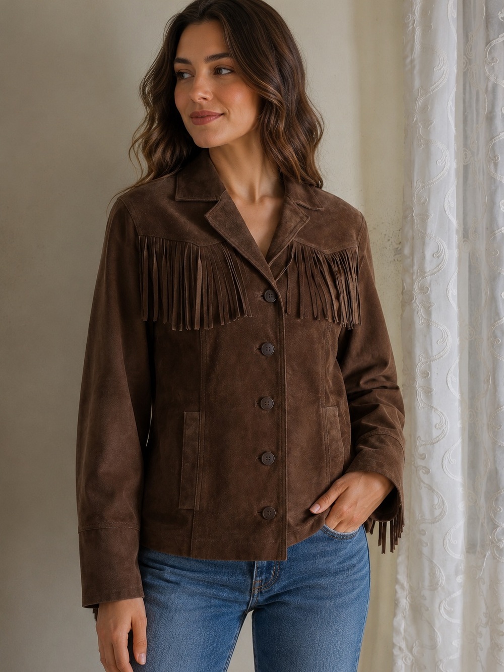 Vintage Esprit Brown Suede Fringe Button Jacket size Small